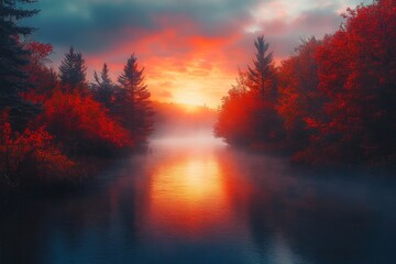 Obraz premium golden light of sunrise peeking through the misty fog over a serene river, surrounded by vibrant red and orange autumn foliage