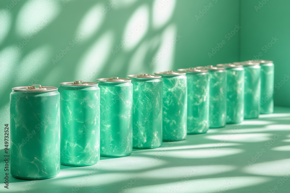 Poster fragmented battery storage icons forming patterns on a pastel green surface,