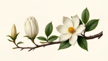 Obraz premium Elegant Branch of Magnolia with White Flowers and Buds