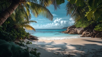 Fototapeta premium Anse Lazio Praslin Seychelles a tropical beach during a luxury vacation in the Seychelles Tropical beach Anse Lazio Praslin Seychelles : Generative AI