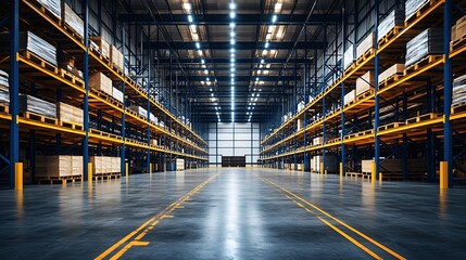 Obraz premium Empty industrial warehouse with racks pallets shelves Storage equipment New distribution storehouse Blue and yellow metal construction : Generative AI