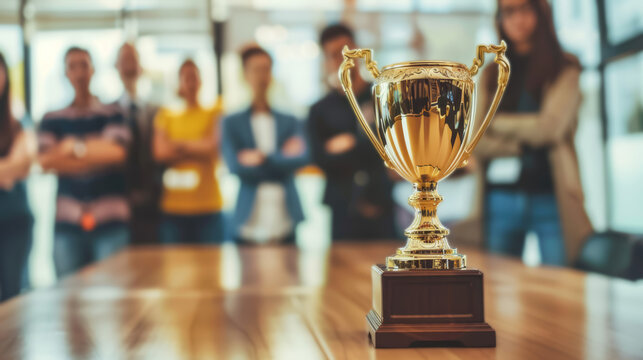 Golden trophy award. Gold trophy on a table in front of blurred team members, symbolizing achievement, success, and teamwork.