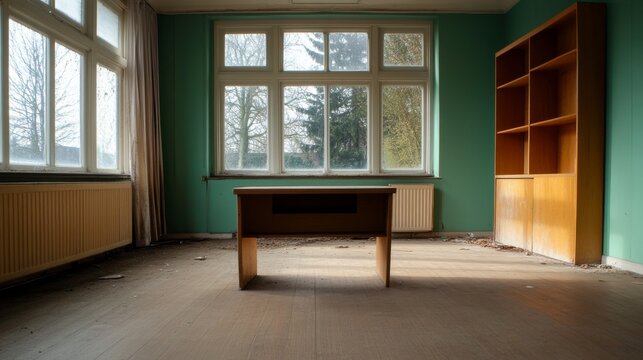 Empty, dusty classroom with old desks and broken windows