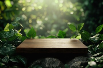 Natural wooden platform surrounded by lush greenery, perfect for showcasing products or decorative items in a serene environment.