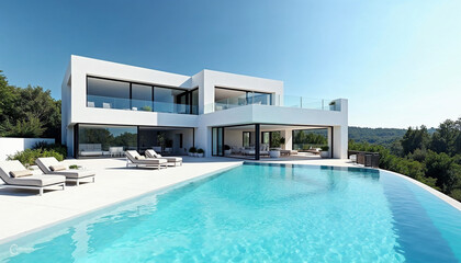 Fototapeta premium A stunning white villa with modern architecture against a clear blue sky, featuring large glass windows and a pristine swimming pool, conveying luxury and relaxation.