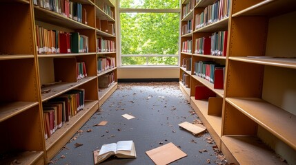 dusty library with bookshelves filled with neglected books and scattered papers