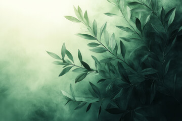 Dissolving olive branches blending into a pastel green mist,