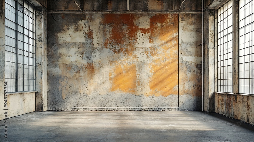 Poster empty warehouse room with grungy stucco concrete wall floor room as background corner of old grunge 