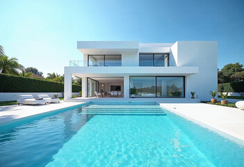 Fototapeta premium A stunning white villa with modern architecture against a clear blue sky, featuring large glass windows and a pristine swimming pool, conveying luxury and relaxation.