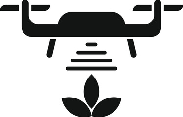 Black glyph icon for a smart farm drone spraying crops with fertilizer or pesticide