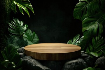 A rustic wooden platform surrounded by lush tropical leaves, creating a serene and inviting natural ambiance.