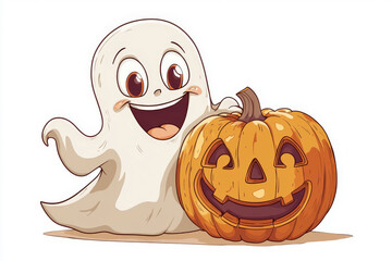 Fototapeta premium Cartoon Ghost Smiling with Carved Pumpkin