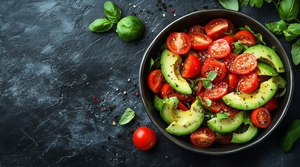 Avocado and fresh tomatoes salad in bowl on gray stone background top view Concept Food For Parties Fast Food Healthy lunch Food delivery in disposable plate of craft paper : Generative AI