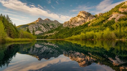 Fototapeta premium Mountain lake reflection. Tranquil lake reflecting mountainous scenery, showcasing nature's beauty and serenity.