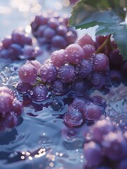 A bunch of grapes, glistening with water droplets, rest on a surface of water, reflecting the soft light of the setting sun.