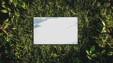 Background texture of a blank white advertising information board place outdoor on green and healthy grass lawn Mockup template of a wedding welcome sign in garden Empty copy space for : Generative AI