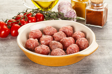 Uncooked raw beef meatball minced