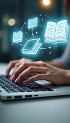Person Typing on Laptop with Floating Book Icons Around Them