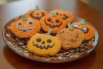 Pumpkin-Shaped Halloween Cookies on a Plate