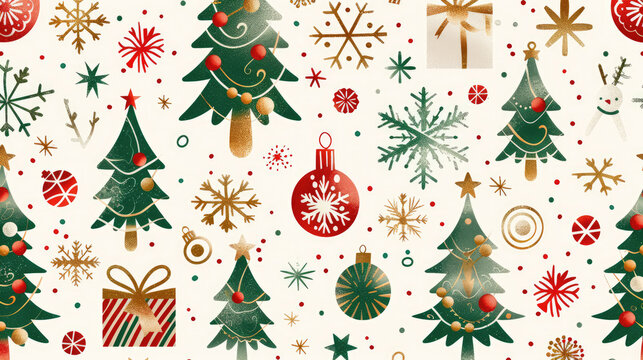 Pattern with a New Year theme. Christmas background with tree decorations, snowflakes, gifts