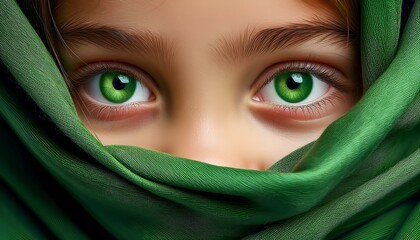 Fototapeta premium Green eyes of a girl, her face wrapped in a green scarf.