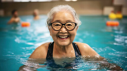 Fototapeta premium Elderly woman with glasses smiling while swimming in an indoor pool with other swimmers in the background.
