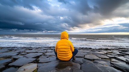 Isolated person sitting on a rocky shore