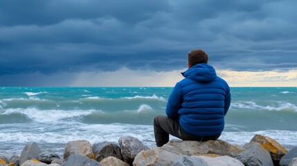 Isolated person sitting on a rocky shore