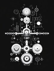 A graphic representation of mechanical gears and components on a black background.