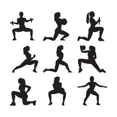Vector set Silhouette of women squat exercises workout silhouette on white background
