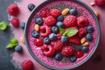 A smoothie bowl with chia seeds, berries, and nuts, isolated on a pastel pink background,