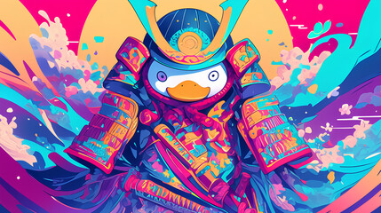 Cute duck wearing Japanese samurai armor, cool poses, cute kawaii, simple, smiling happy. neon psychedelic background