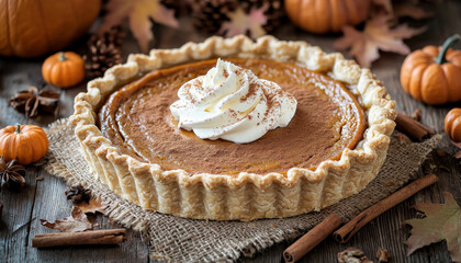 Homemade Pumpkin Pie with Whipped Cream and Cinnamon