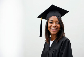 A young African American woman in a black graduation cap and gown smiles joyfully against a plain white background, embodying achievement and celebration.
