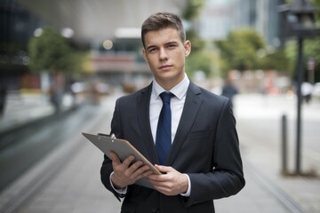 Fototapeta premium Businessman holding clipboard. A businessman in a suit holding a clipboard, looking confident and ready for a meeting.