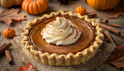 Pumpkin Pie with Whipped Cream and Cinnamon Dusting