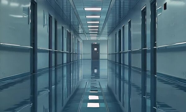 Empty Hallway with Reflective Floor and Doors