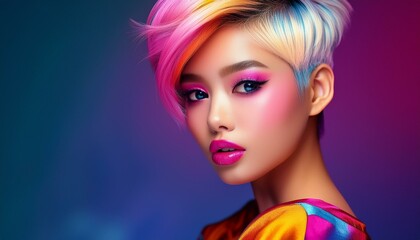 Naklejka premium Beauty portrait of a sensual blonde with a short haircut, bright makeup, and a creative spring-inspired look.