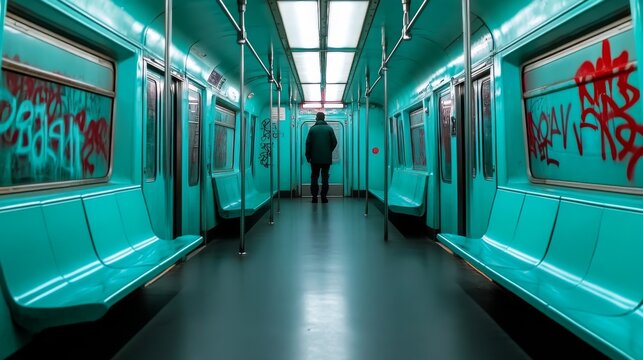 Lonely figure standing in a Dark, abandoned Subway Car with Gratified Walls