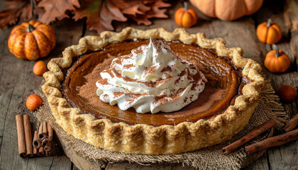 Pumpkin Pie with Whipped Cream and Cinnamon