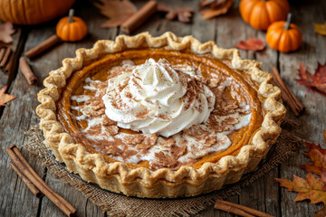 A Delicious Pumpkin Pie Topped with Whipped Cream and Cinnamon