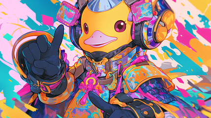 Cute duck wearing Japanese samurai armor, cool poses, cute kawaii, simple, smiling happy. neon psychedelic background