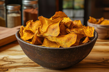 Crispy Sweet Potato Chips in a Brown Bowl