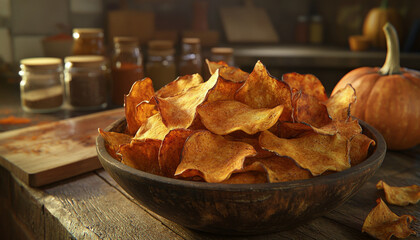 Bowl of Sweet Potato Chips with a Pumpkin in the Background