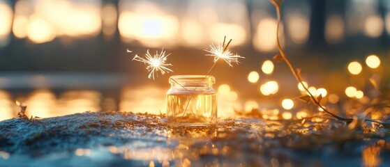 A captivating jar with sparks creating a magical ambiance at sunset, reflecting a serene moment in nature.