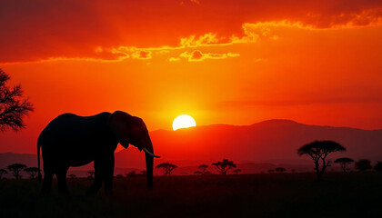 Obraz premium An elephant silhouetted against a stunning African sunset, with vibrant hues of orange, red, and purple creating a dramatic backdrop.