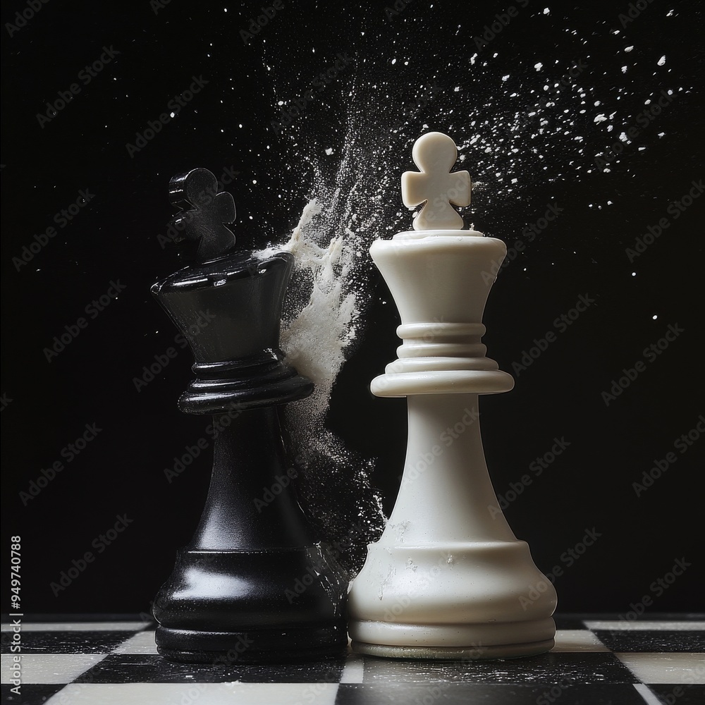 Wall mural a realistic photo of two chess pieces colliding, a black queen vs a white knight