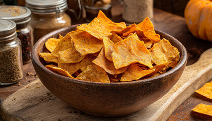 Crispy Sweet Potato Chips in a Wooden Bowl