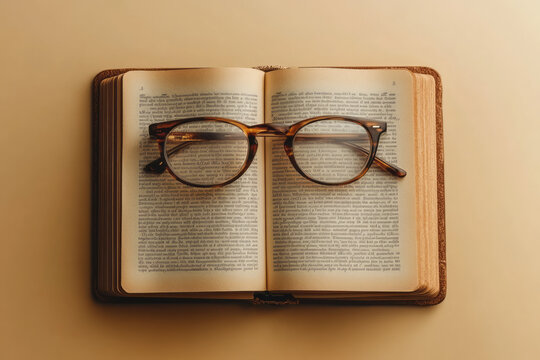 A script open on a wooden desk with a pair of reading glasses, isolated on a pastel beige background,
