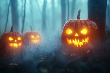 Glowing Jack-O'-Lantern in a Foggy Forest